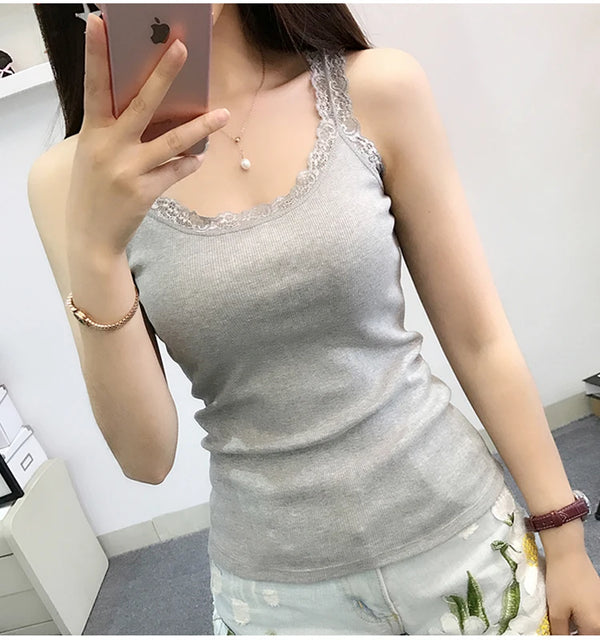 Sleek Summer Women's Lace Patchwork Sleeveless Bodycon Tank Top